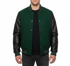 Varsity Letterman Baseball Bomber Forest Green Wool Black Leather Sports Jacket