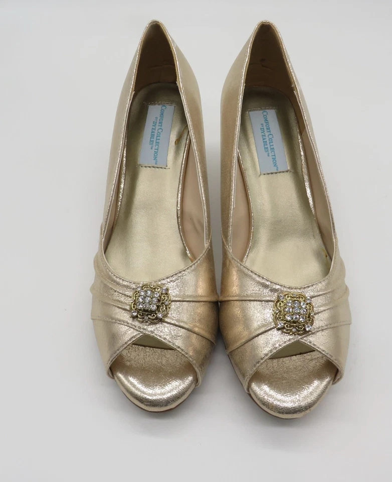 Dyeables Champagne Peep-Toe 2.5 Inch Heel Shoes Rhinestone 9.5 NEW - Image 2 of 4