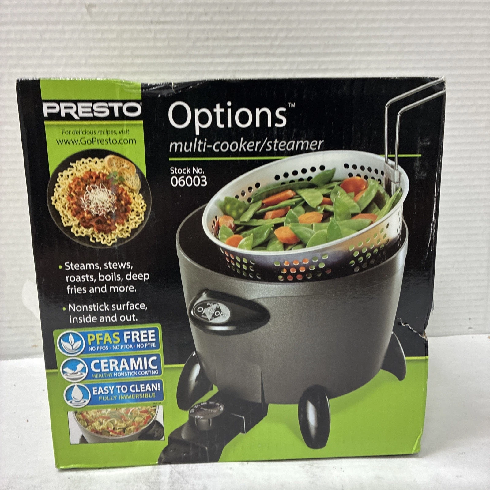 Presto Options Electric Multi-Cooker Steamer/Deep Fryer/Stews 6 Qt #06003
Opens in a new window or t