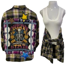 Upcycled Flannel Shirt Shacket Womens Large Skeleton Grunge Patchwork Folk Art