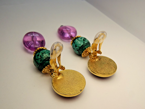 Pendientes colgantes vintage azul verde púrpura clip años 80 3" de largo - Imagen 11 de 15