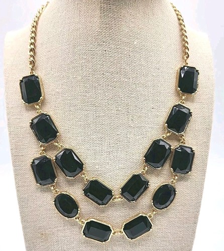 Gold Tone Bib Necklace Black Faceted Stones Statement Adjustable 16-18"