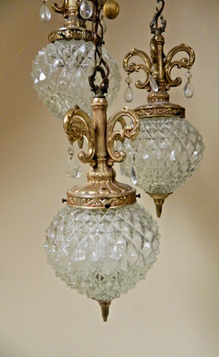 Vintage MCM 3 Pendant Diamond Pineapple Swag Lamp Hollywood Regency - Excellent!