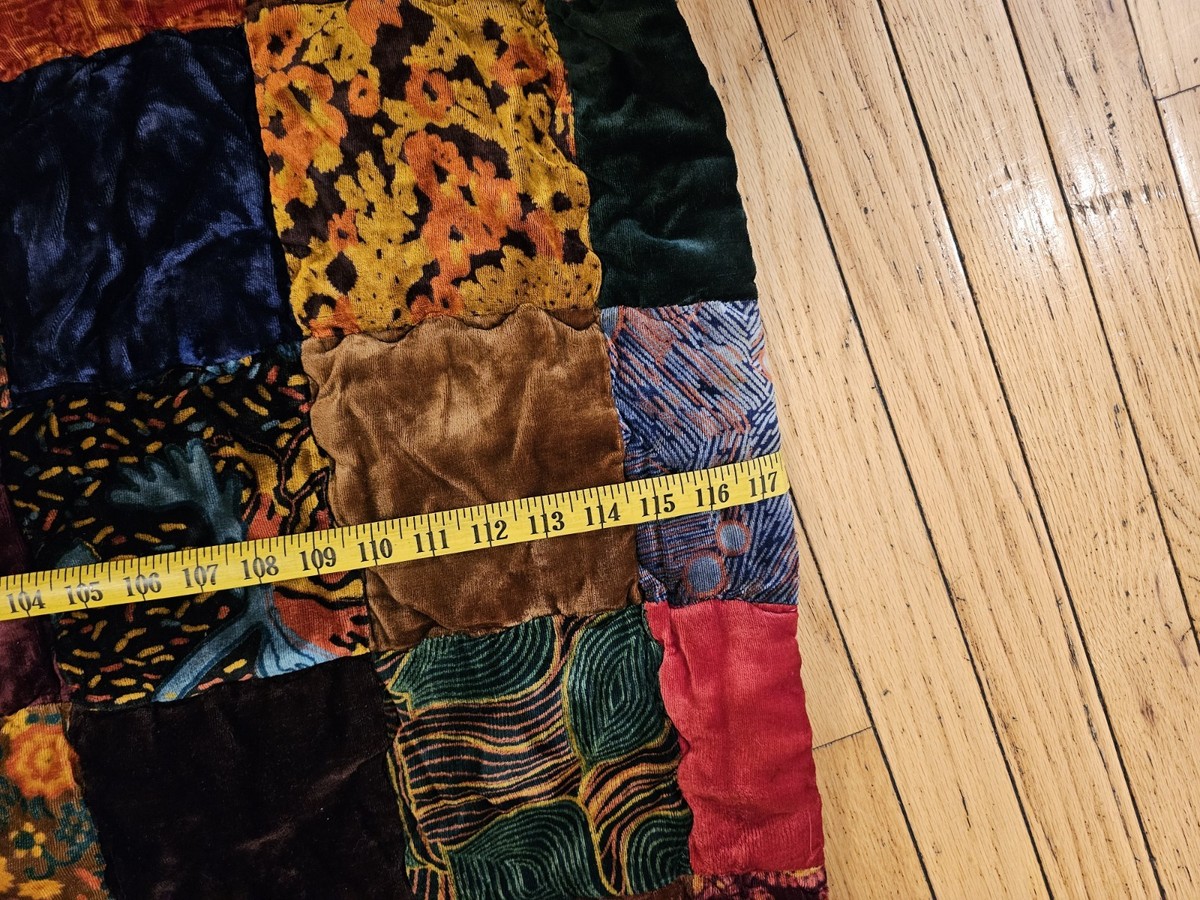 Vtg 70s Velvet Patchwork Hippie Boho Quilt Bedspread Blanket King 