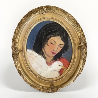 Vintage Signed Painting Woman w/Dove In Heavy Ornate Wood Gold Oval Frame