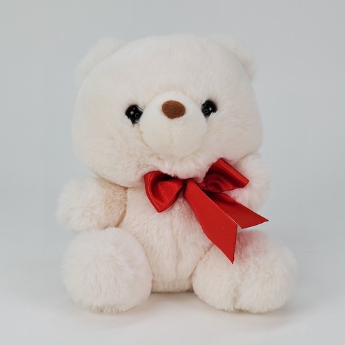Aurora World White Teddy Bear Plush Red Satin Bow Stuffed Animal 7 inch