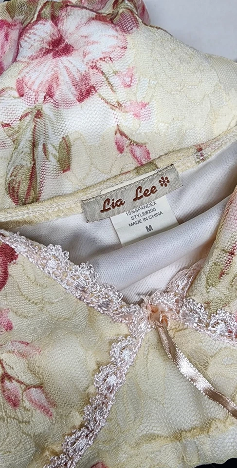 美丽复古上衣 M 码 Lia Lee 流动丝绸花边小屋核心破旧别致  — 第 2/4 张图片