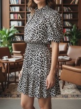 Alice + Olivia Leopard Print Satin Cinch Waist Mock Neck Puff Sleeve Dress Sz 4