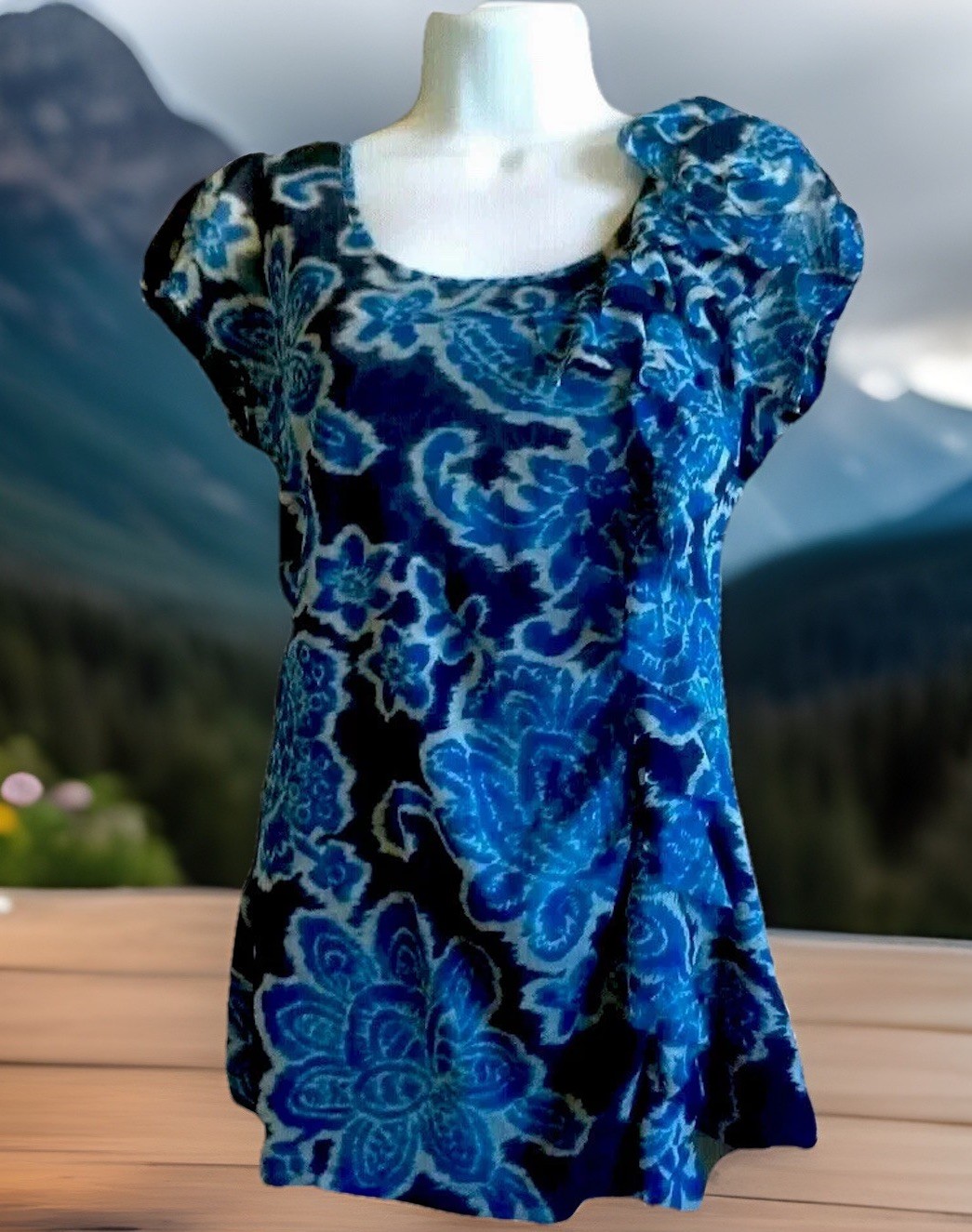 Inc Top M Blue floral Y2K Vintage Nylon Stretch Knit Boho Hippie Shirt Blouse