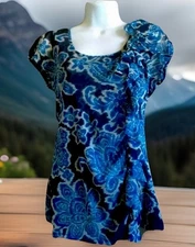 Inc Top M Blue floral Y2K Vintage Nylon Stretch Knit Boho Hippie Shirt Blouse