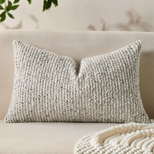 Decorative Lumbar Pillow Cover 12X20 Cream White Striped Soft Wool Lumbar Throw