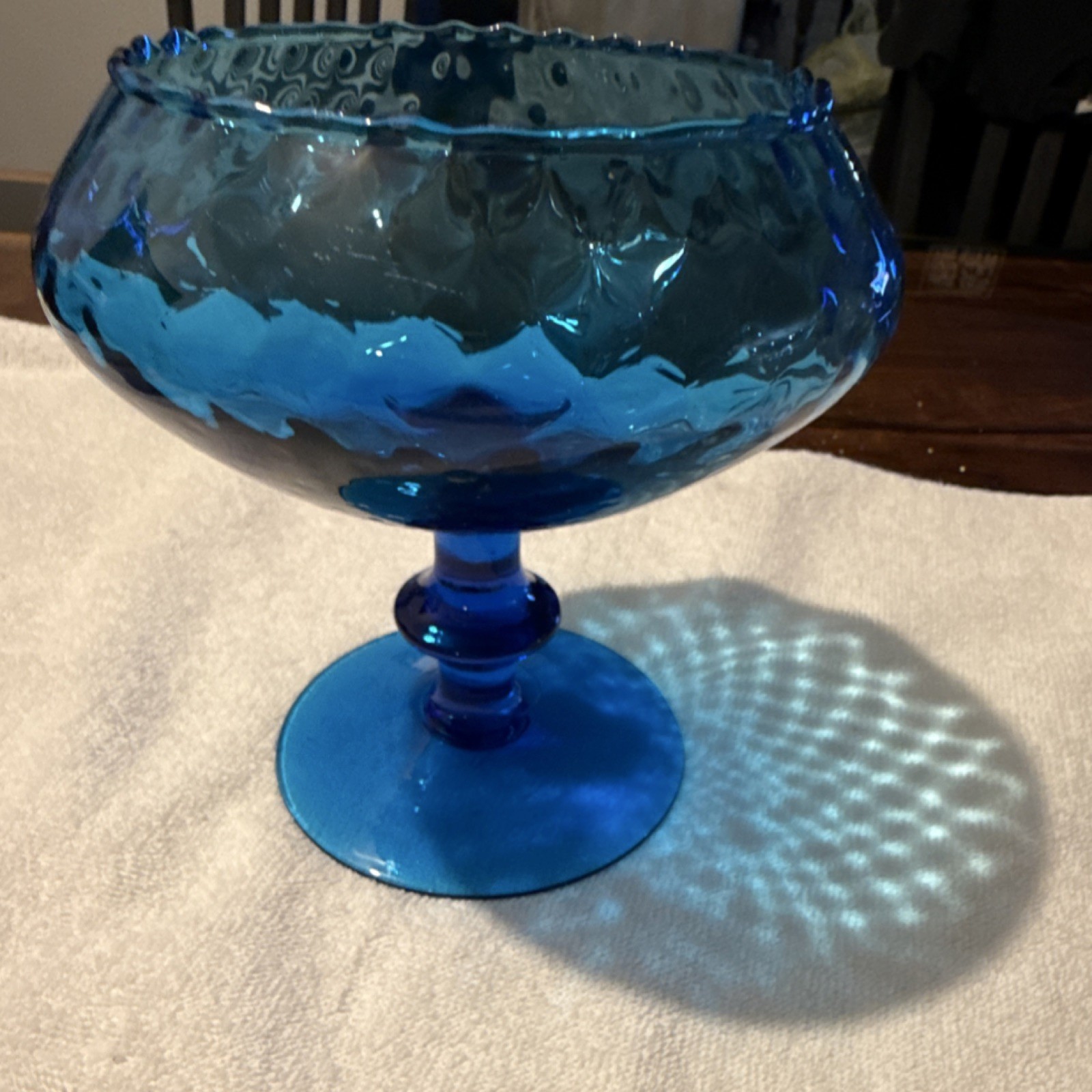 Blue Glass Decorative Pedestal Compote Bowl. Glossy Finish, Round Shape