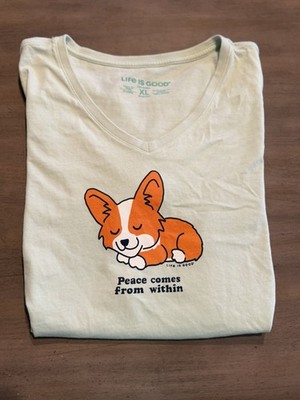 Life Is Good Women s XL Crusher Vee T-Shirt Sleeping Corgi
