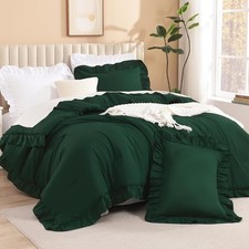 Dark Emerald Green Full Comforter Set 3 Pieces Boho Vintage Solid Forest Ruffle