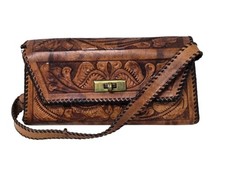 Vintage 1950s Hand Tooled Purse Mexican Embossed Leather Handbag