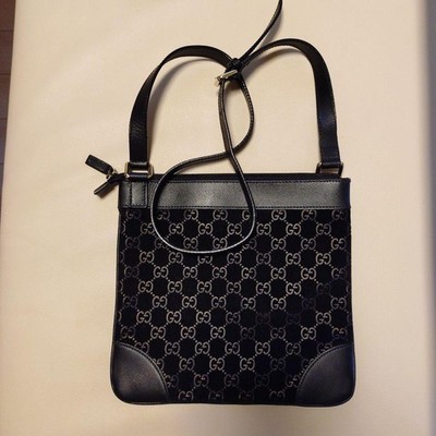 Gucci GG Pattern Velour Shoulder Bag Black Leather Denim