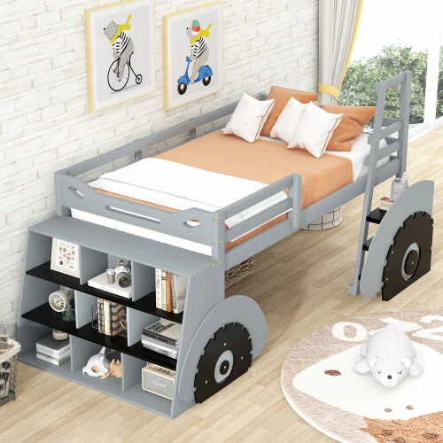 Cama tipo loft tamaño doble con estanterías marco de cama de madera para niños cama de pino muebles de dormitorio Foto 2 de 4