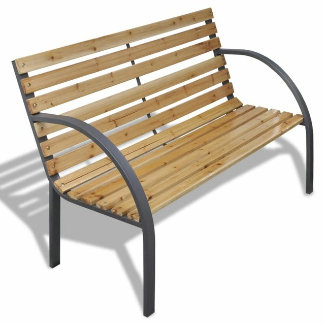Wooden Garden Bench Metal Outdoor Yard Furniture Patio Curved Back
