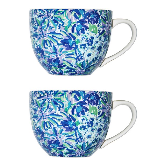 Set of 2 Lilly Pulitzer Ceramic Mugs Blue Floral Coffee Tea Mug Cups