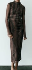zara dress Long Sleeve Body con Brown Black Print maxi