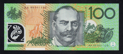 1999 100 Dollars - MacFarlane/Evans.. Prefix AA 99 in Black.. Ex NPA Folder. 