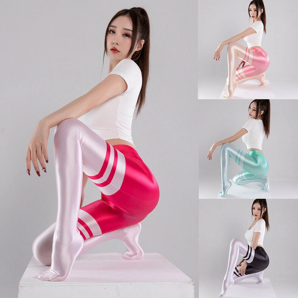 Women Sexy Oil Shiny Sports Pantyhose Striped Opaque Yoga Gym