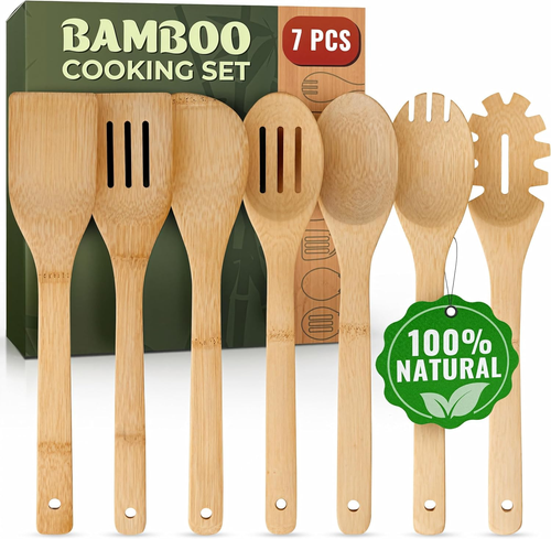 Wooden Utensil Set, Bamboo Utensils – 7 Pcs Wood Spoons for Cooking, Easy to Cle