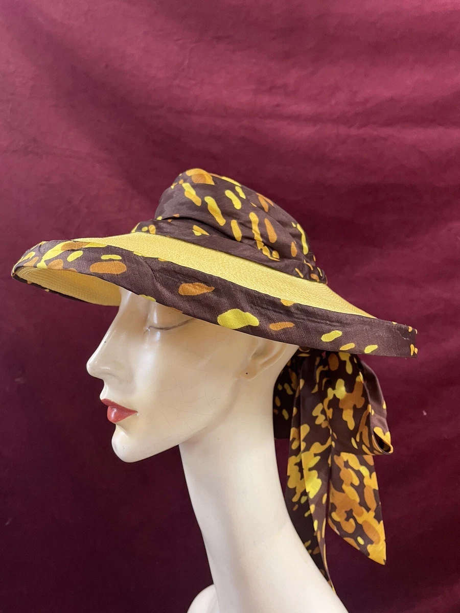 VTG 60\'s Wide Brim Natural Straw Hat wVeil Flowers Yellow Ribbon Bergdorf France 60s Yellow Ribbon Hat Woven Beret Snood Caul - Gem main image 4