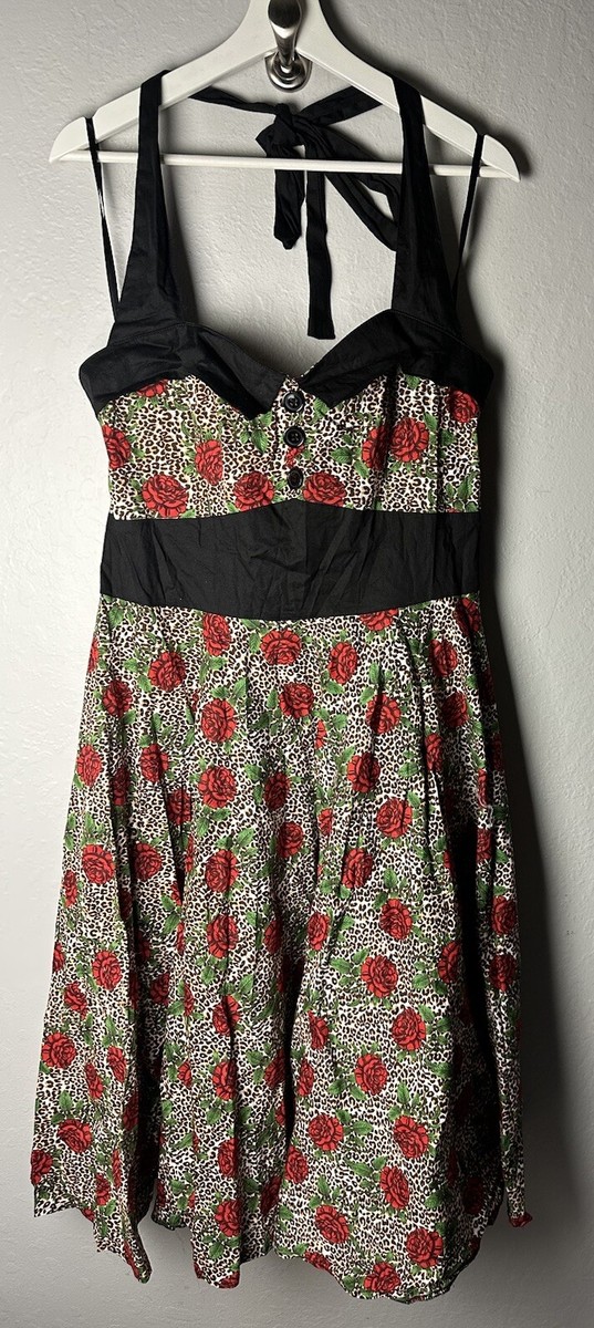 Hell Bunny Vixen 50s Style Leopard Roses Rockabilly Halter Swing Dress Size 2XL