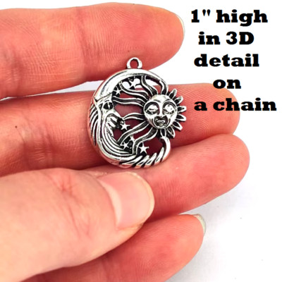 CRESCENT MOON FACE SUN STAR CELESTIAL Pendant 18'' 925 Sterling Silver Necklace