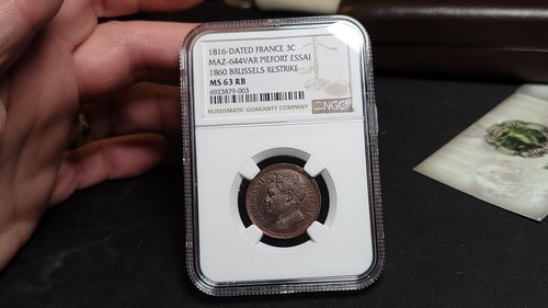 France 3 Cent 1816, 1860 Brussels Restrike Maz-644VAR Piefort Essai NGC MS 63RB - Picture 2 of 9