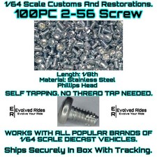 100PC 1/8th 2-56 Screw Self Tap FOR 1/64 Scale Custom Restoration Hot Wheel