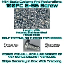 100PC 1/8th 2-56 Screw Self Tap FOR 1/64 Scale Custom Restoration Hot Wheel