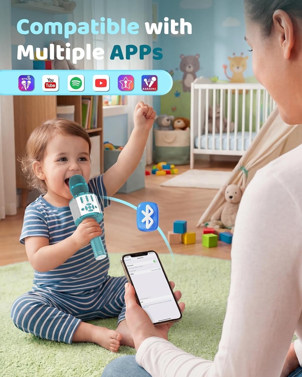 Micro Karaoké Bluetooth Enfant - 2 Micros Sans Fil - 7 Lumières Et 6 Effets Vocaux - Rechargeable - Cadeau 3-12 Ans