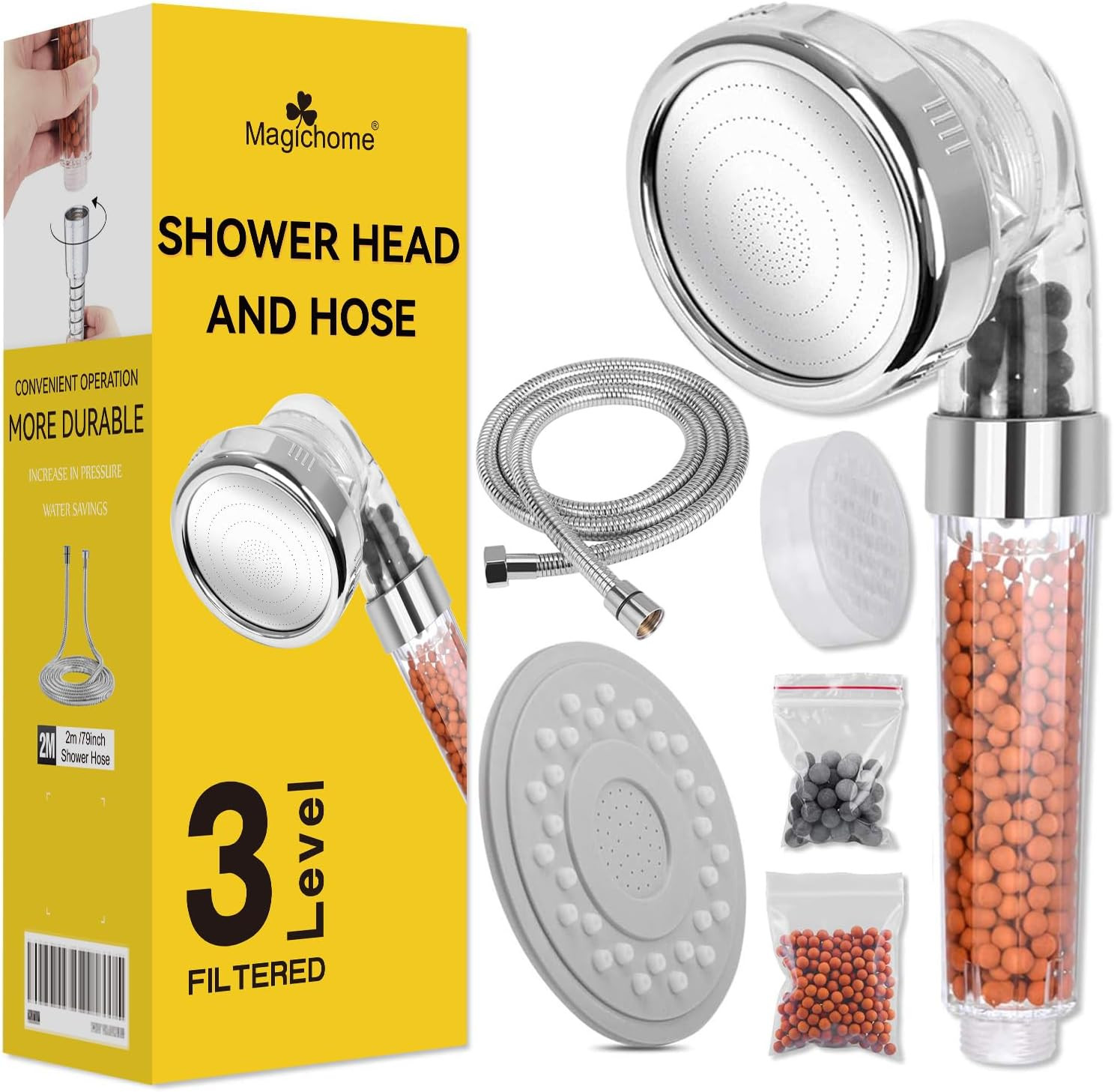 Shower Head and Hose 2M, 3 Modes High Pressure Filter Shower Head with 3-Layer F