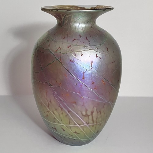 Tim Lazer ART GLASS VASE / 8.75 Inches / GOLD With PEACOCK IRIDESCENT Highlights