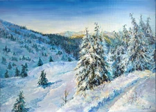 Original Winter Landscape Acrylic Painting, Large Canvas 50х70, Mountain Sunset