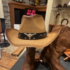 Brown Straw Western Cowboy Hat with Black Bull Head Band and Studs