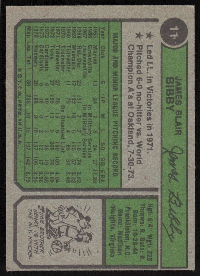 1974 Topps #11 Jim Bibby - $1 SHIPPING (JB4) - Image 2 of 2