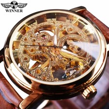 Armbanduhr Herren Skelett Uhr Mechanisch Lederarmband Uhr, Luxus Uhr Männer