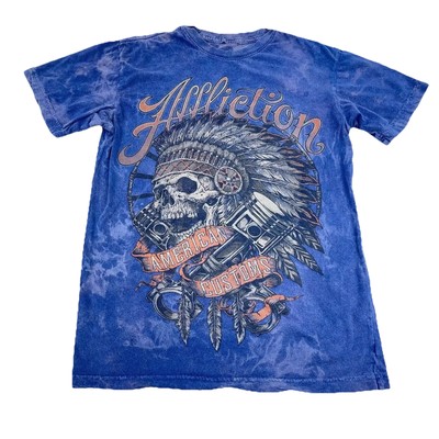 Affliction Shirt Men Small Blue Tee American Customs Indian Chief Tattoo MMA