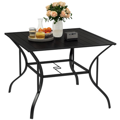 Outsunny Gartentisch mit Sonnenschirmloch für vier Personen, Lattenrost Metallplatte schwarz