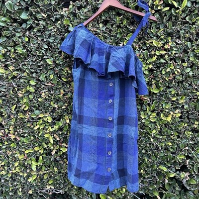 Sea New York Dress Womens M Blue Tartan Plaid Linen Button Front Midi Retro City