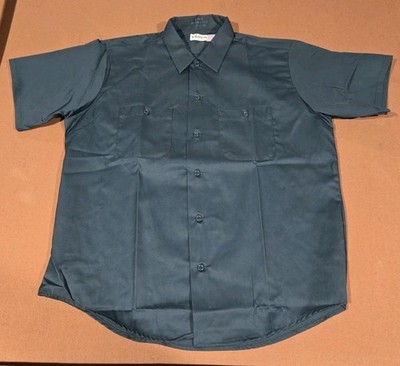 Vintage 60s Koratron Short Sleeve Button Up Two Pocket Work Shirt Dark Green L