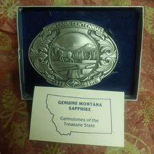 Montana centennial "logger" 112 of 2500 sapphire belt buckle with box. 1989