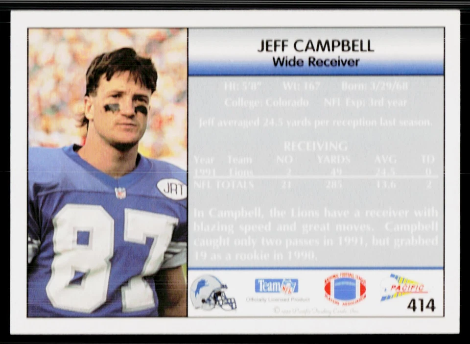 Jeff Campbell, 1992 Pacific, #414, Detroit Lions, - Image 2 of 2
