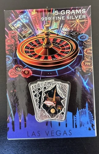 Las Vegas 5g .999 Fine Silver Bar – Color Carded Casino Roulette Cards Poker