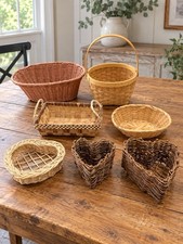 Lot of 7 Wicker Woven Baskets Heart Shapes Wood Handle Farmhouse Decor