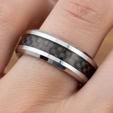 6mm Men's Tungsten Wedding Band with Black Carbon Fiber Inlay Beveled Edge
