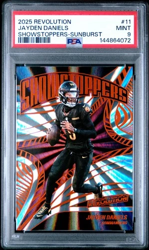 2025 PANINI REVOLUTION SHOWSTOPPERS SUNBURST #11 JAYDEN DANIELS 4/18 PSA 9